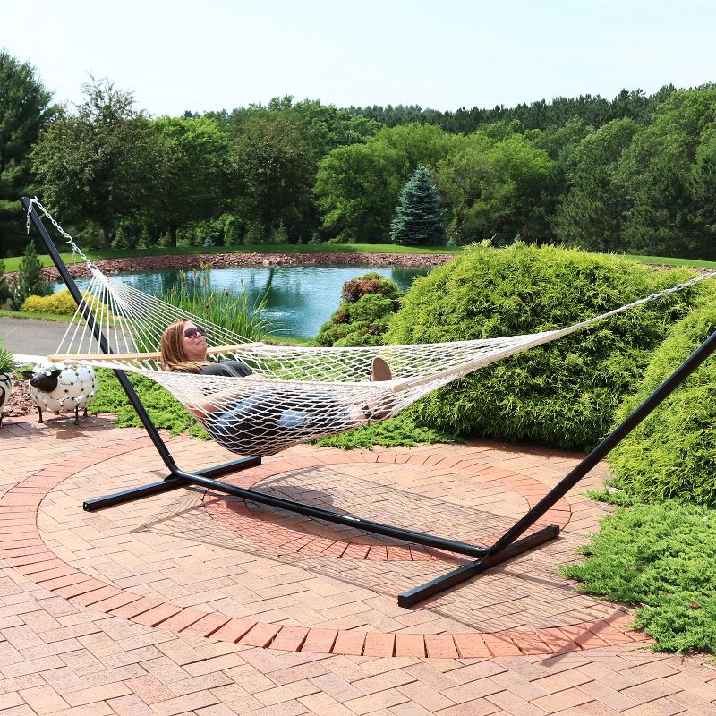 Sunnydaze Outdoor 2-Person Double Cotton Rope Hammock with Wood Spreader Bar and 15ft Black Steel Stand, 4 of 8