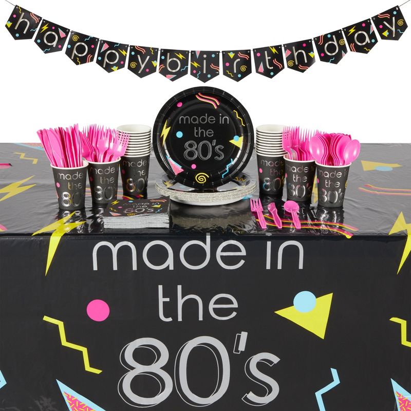 Sparkle and Bash 146-Piece 80s Theme Party Decorations, Paper Plates, Napkins, Cups, Cutlery, Tablecloth, and Happy Birthday Banner, Serves 24 Guests, 1 of 9
