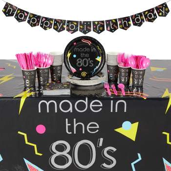 Sparkle and Bash 146-Piece 80s Theme Party Decorations, Paper Plates, Napkins, Cups, Cutlery, Tablecloth, and Happy Birthday Banner, Serves 24 Guests