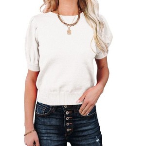 Coolmee Women's Puff Sleeve Sweater Tops Crewneck Basic Knit Pullover Casual Sweaters Blouse - 1 of 4