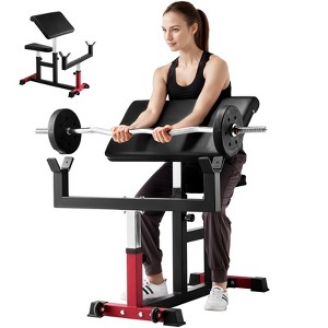 VEVOR Preacher Curl Bench, Strength Training Biceps Machine, Max load 440 LBS, Seated Arm Isolated Barbell Dumbbell Bicep Station, Black&Red - 1 of 4