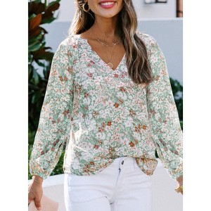 Floral Chiffon Blouse - Women's V-Neck Lantern Sleeve Pullover Tunic Tee Top - 1 of 4