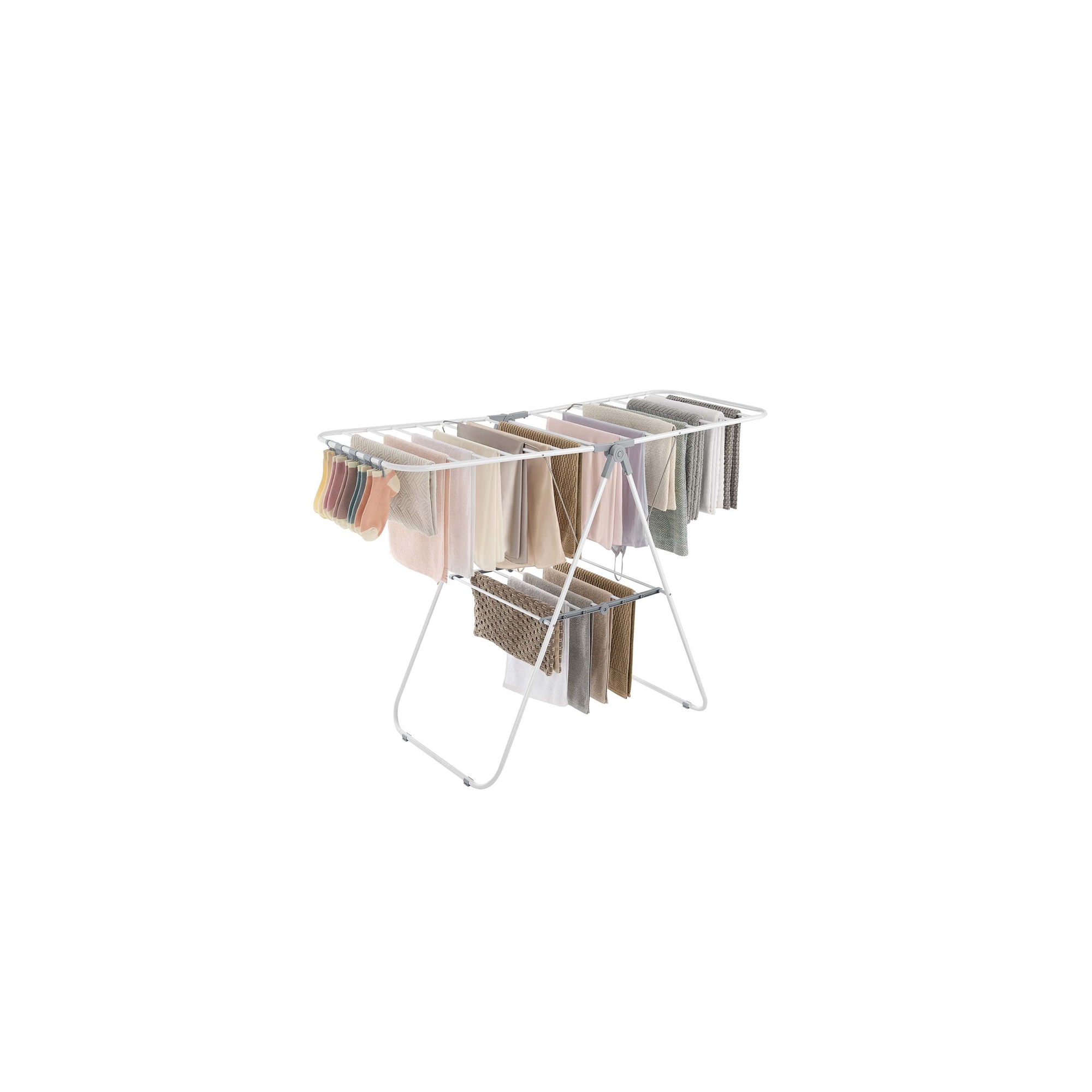SONGMICS Foldable Clothes Drying Rack with Sock Clips Laundry Drying Rack with Height-Adjustable Gullwings White and Gray
