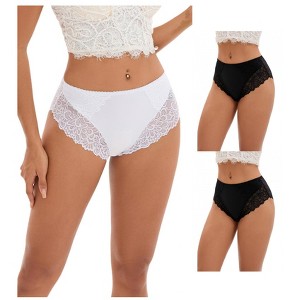 INSPIRE CHIC 3 Pcs Women's Wide Lace Trim Mid-Waisted Underwear Full Coverage Comfortable Briefs - 1 of 4