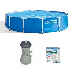Intex 28210EH 12' x 30" Above Ground Swimming Pool with 28637EG Hydro Aeration Filter Pump System and 29002E Easy-Set Filter Cartridge, Blue - 1 of 4