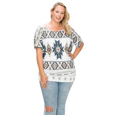 Slickblue White Multi Geometric Sublimation Top – Ruched Sides, Boat Neck – Stylish Women’s Tee, Size 3XL