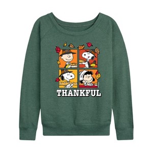Women's - Peanuts - Thanksgiving Football Lightweight French Terry Wide Neck Long Sleeve Shirt - 1 of 4