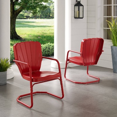 Retro Bright Red Gloss Metal Outdoor Chair Set of 2