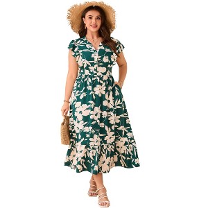 YESFASHION Plus Size Summer Dress for Women Ruffle Sleeveless V Neck Button Down Casual Wedding A Line Maxi Dresses with Pockets - 1 of 4