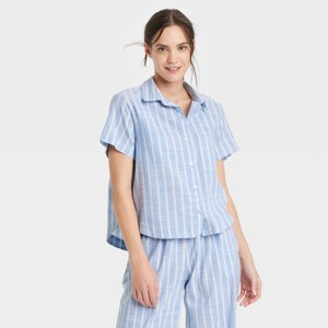 Women's Striped Cotton Blend Short Sleeve Pajama Shirt - Auden™ - 1 of 4