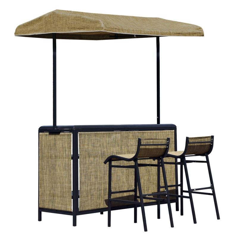 Outsunny 3 Piece Outdoor Bar Set for 2 with Canopy, Rectangular Table with Storage Shelves & Two Bar Chairs, Breathable Mesh, 1 of 10