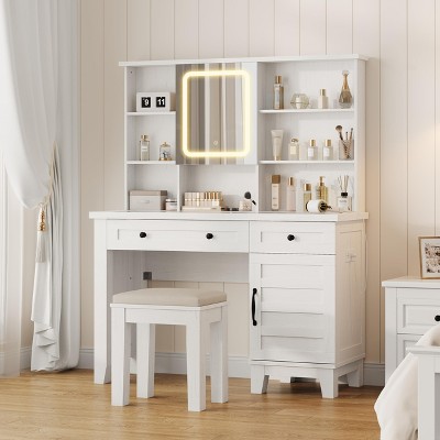 Farmhouse Makeup Vanity Desk with Solid Wood Stool, Makeup Vanity with Mirror and Lights & Power Outlet, Makeup Table with 2 Drawers, Dressing Table