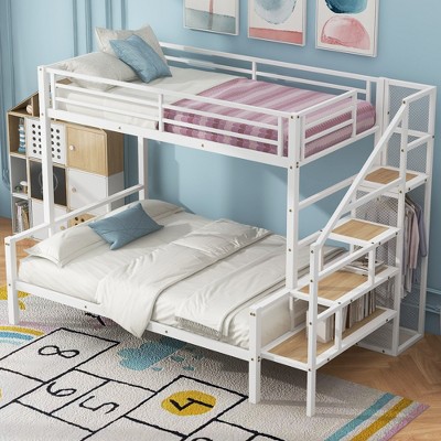 TIRAMISUBEST Twin over Full Size Metal Bunk Bed Frame with Storage Staircase and Open Small Wardrobe