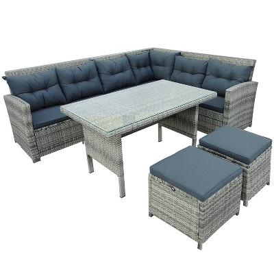 6pc Outdoor Set with Sectional & Glass Table - Gray - WELLFOR