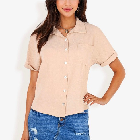 Anna kaci Women s Short Sleeve Button Down Shirt With Front Pocket And Notched Collar Target