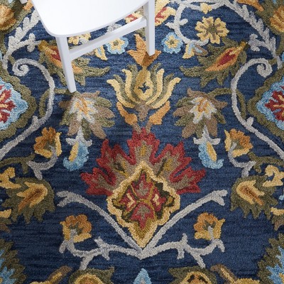 Handmade Navy Wool Runner Rug with Floral Pattern