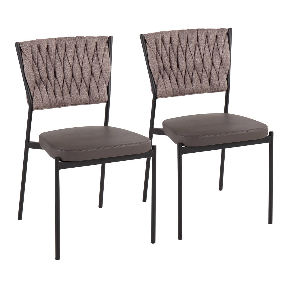 Photos - Chair Set of 2 Braided Tania Faux Leather/Polyester Dining  Black/Gray/Lig