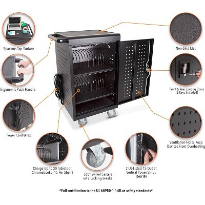 Black Mobile Charging Station Cart with Locking Cabinet