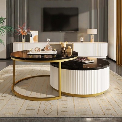 NicBex Modern Round Nesting Coffee Table with Drawer and Metal Base for Living Room