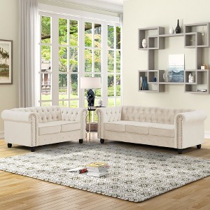 5 Seater Velvet Chesterfield Couches for Living Room Sets Loveseat and Sofa 2-Pieces -Morden Fort - 1 of 4
