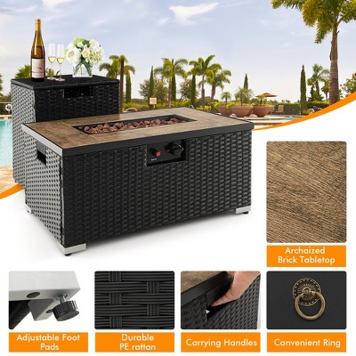 32" Brown PE Rattan Gas Fire Pit Table Set with Side Table