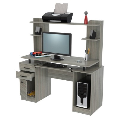 Smoke Oak Computer Work Center with Hutch and Storage