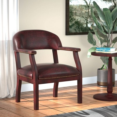 Elegant Mahogany Wood Finish Captain's Chair in Black Vinyl