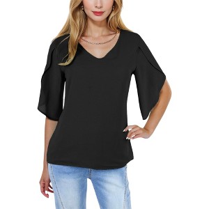 Anna-Kaci Women's Short Sleeve V-Neck Blouse With Layered Bell Sleeves - 1 of 4