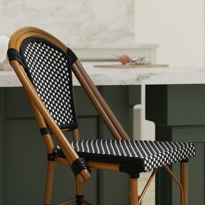Emma + Oliver 26" Black & White PE Rattan Bistro Counter Stools with Bamboo Metal Frame