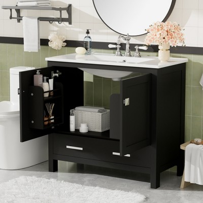 36" Bathroom Vanity with Ceramic Sink, Soft-Close Doors, Double Storage Shelves & Divided Drawer - Leovsnove