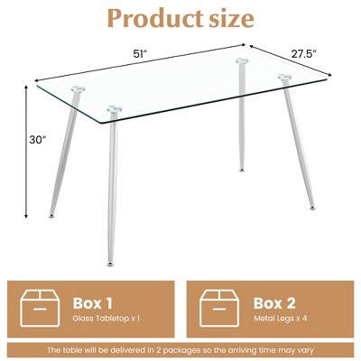 Modern Clear Glass Rectangular Dining Table with Silver Metal Legs