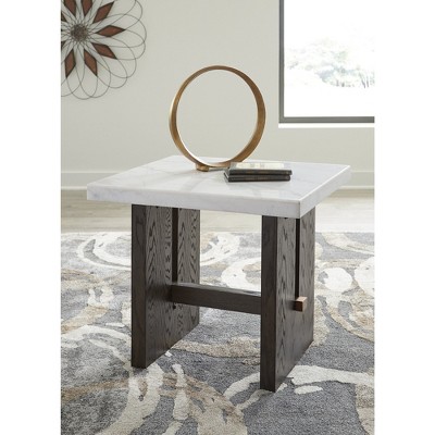 Contemporary Dark Brown Wood End Table with Marble Top