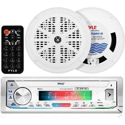 Pyle Marine Stereo Receiver with Bluetooth, AM/FM/MP3/USB/AUX, Single DIN, LCD Display & Remote Control (PLMRKT49WT)