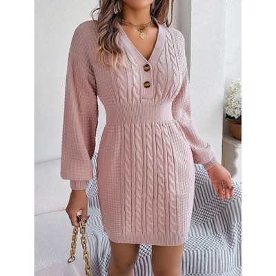 Women's V Neck Cable Bell Sleeve Bodycon Knit Dress with Button Front Casual Party Midi Dress