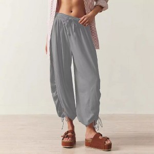 Women's Slimming Drawstring Tie - Waist Casual Loose 3/4 Pants, Comfy Elastic Waist Cropped Harem Pants for Daily Wear - 1 of 2