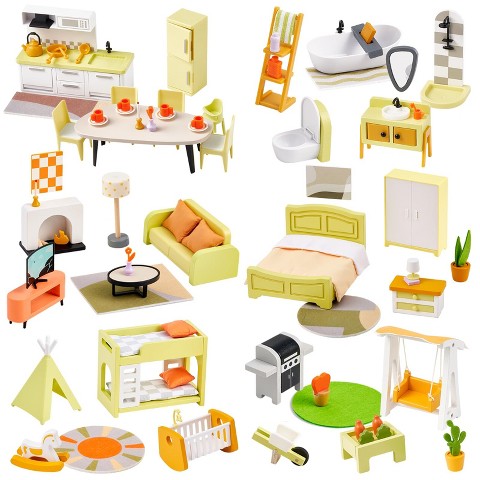 Etokfoks 85pcs Wooden and Plastic Dollhouse Furniture Set for 6 Rooms Modern Pretend Play Accessories for Kids Toddlers Ages 3 and Up