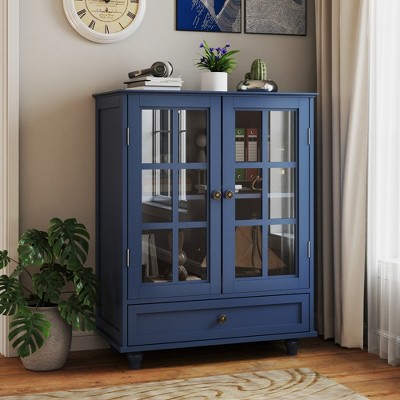Lycvki Modern Wooden Buffet Cabinet with Double Glass Doors and Drawer