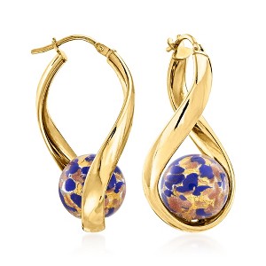Ross-Simons Italian Blue Murano Glass Bead Twisted Hoop Earrings in 18kt Gold Over Sterling - 1 of 4