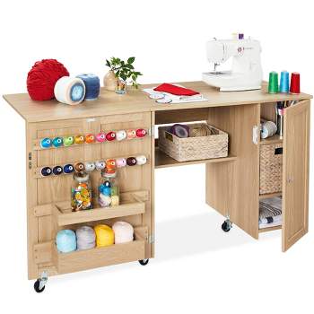 Costway White Folding Sewing Craft Table with Storage Shelves Cabinet  Lockable Wheels
