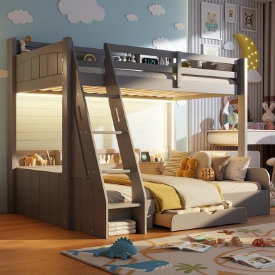 Polibi Twin Over Full Bunk Bed with LED Lighting, Storage Shelves, Charging Station & Drawer