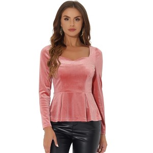 INSPIRE CHIC Women's Elegant Sweetheart Neck Long Sleeve Velvet Peplum Top - 1 of 4