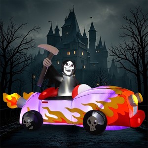 Joyfy 8 FT Long Halloween Inflatable Outdoor Decoration, Grim Reaper Driving Car Inflatable with LEDs for Halloween Party Garden Lawn Outdoor Decor - 1 of 4
