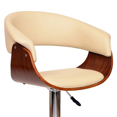 Cream Faux Leather Adjustable Swivel Barstool with Walnut Wood