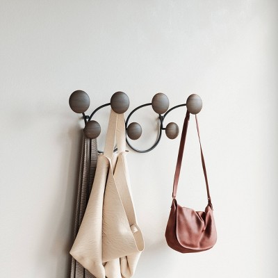 Black and Walnut 7-Hook Wall Mount with Circular Design