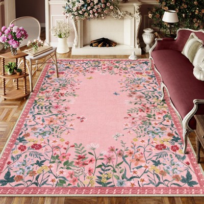 Lahome Short Velvet Geometric Floral Floor Mat-Natural Bio-Printed Soft Rug for Living Room, Bedroom, or Entryway