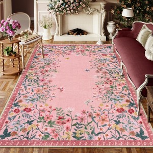 Lahome Short Velvet Geometric Floral Floor Mat-Natural Bio-Printed Soft Rug for Living Room, Bedroom, or Entryway - 1 of 4