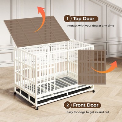 XBRIGH 48 Inch Heavy Duty Indestructible Dog Crate Steel Escape Proof,Indoor Double Door High Cage,Kennel with Wheels,Removable Tray, Extra Large