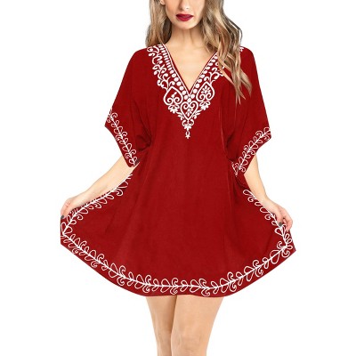LA LEELA Women's Summer Holiday Beachwear Short Swim Suit Plus Size Swimsuit Cover-up Mini Beach Dress for Women 2X-3X Red, Solid