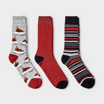 Men's Walrus Print Crew Socks 3pk - Goodfellow & Co™ Heathered Gray/Red 7-12