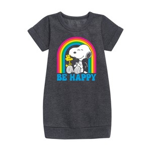 - Peanuts - Be Happy Rainbow Graphic Short Sleeve Fleece Dress - 1 of 4